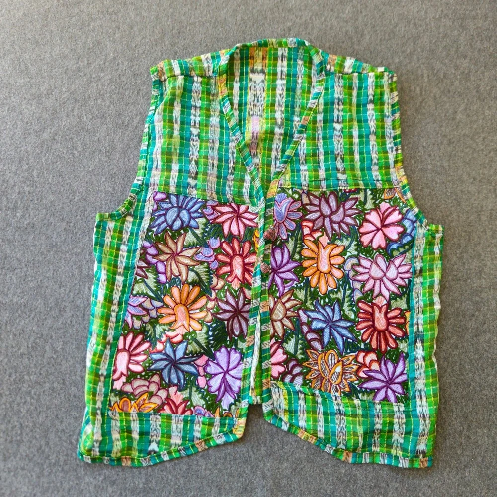 Handmade Boho Embroidered Vest OS Garden Floral Plaid Art Frida Kahlo Grannycore